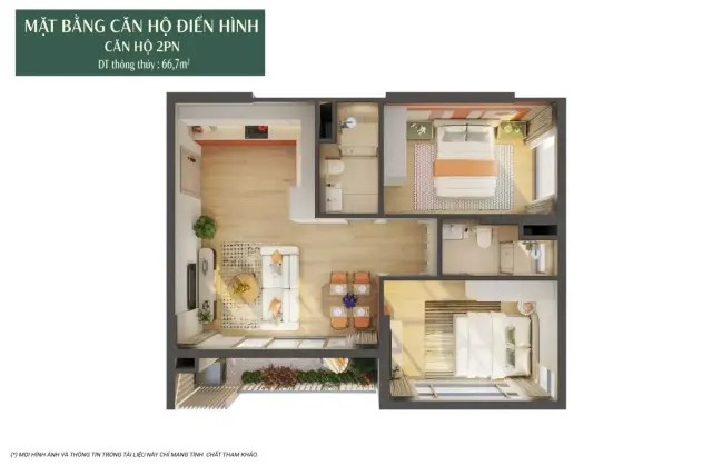 2-bedroom apartment, 3D cut-away view