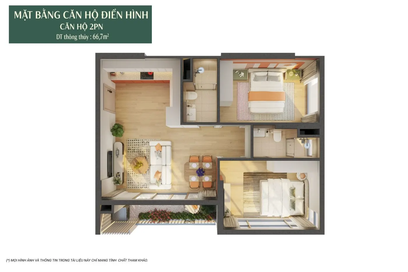 Bóc mái 3D thiết kế căn hộ 2 phòng ngủ 67m2