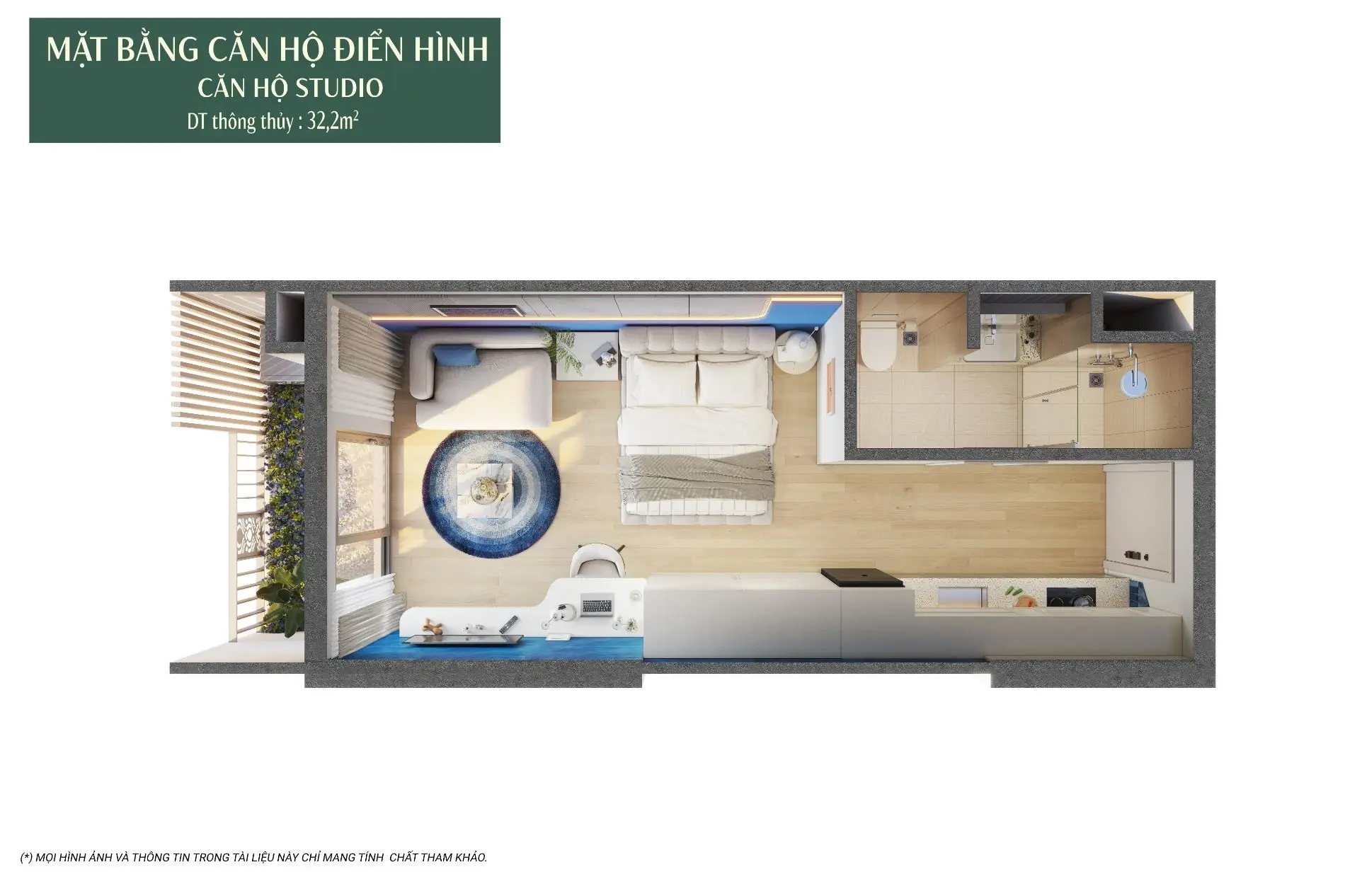 Bóc mái 3D layout căn hộ Studio 32m2 The Onsen Charmora