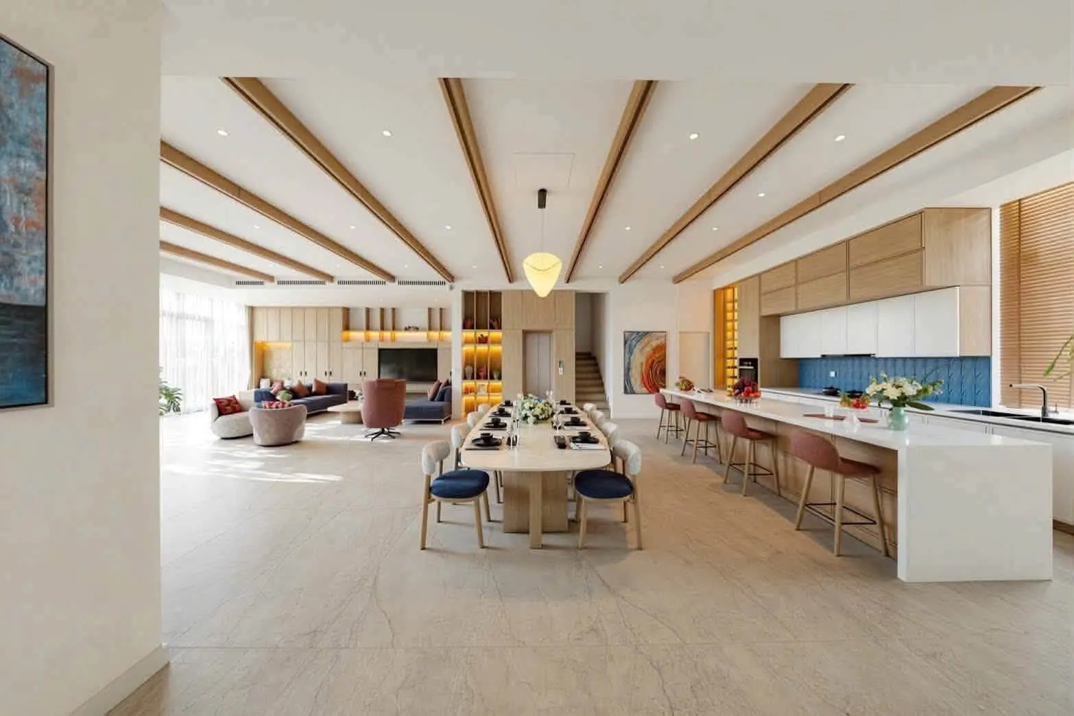 Bố cục liên thông giữa phòng khách, khu ăn uống và bếp tại căn mẫu Elite Island