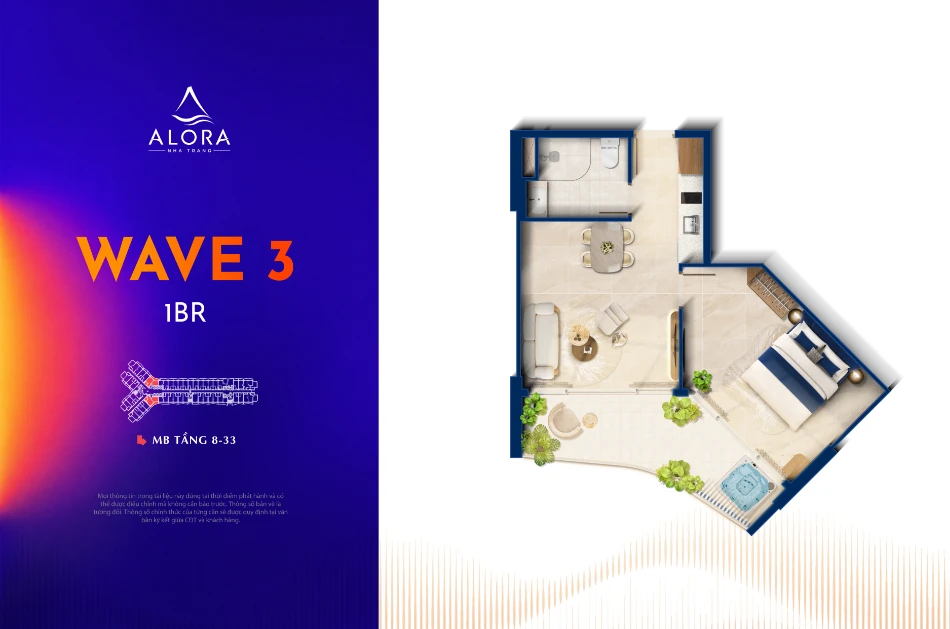 Layout căn 1PN Wave 3 khi chọn phương thức thanh toán Alora Nha Trang