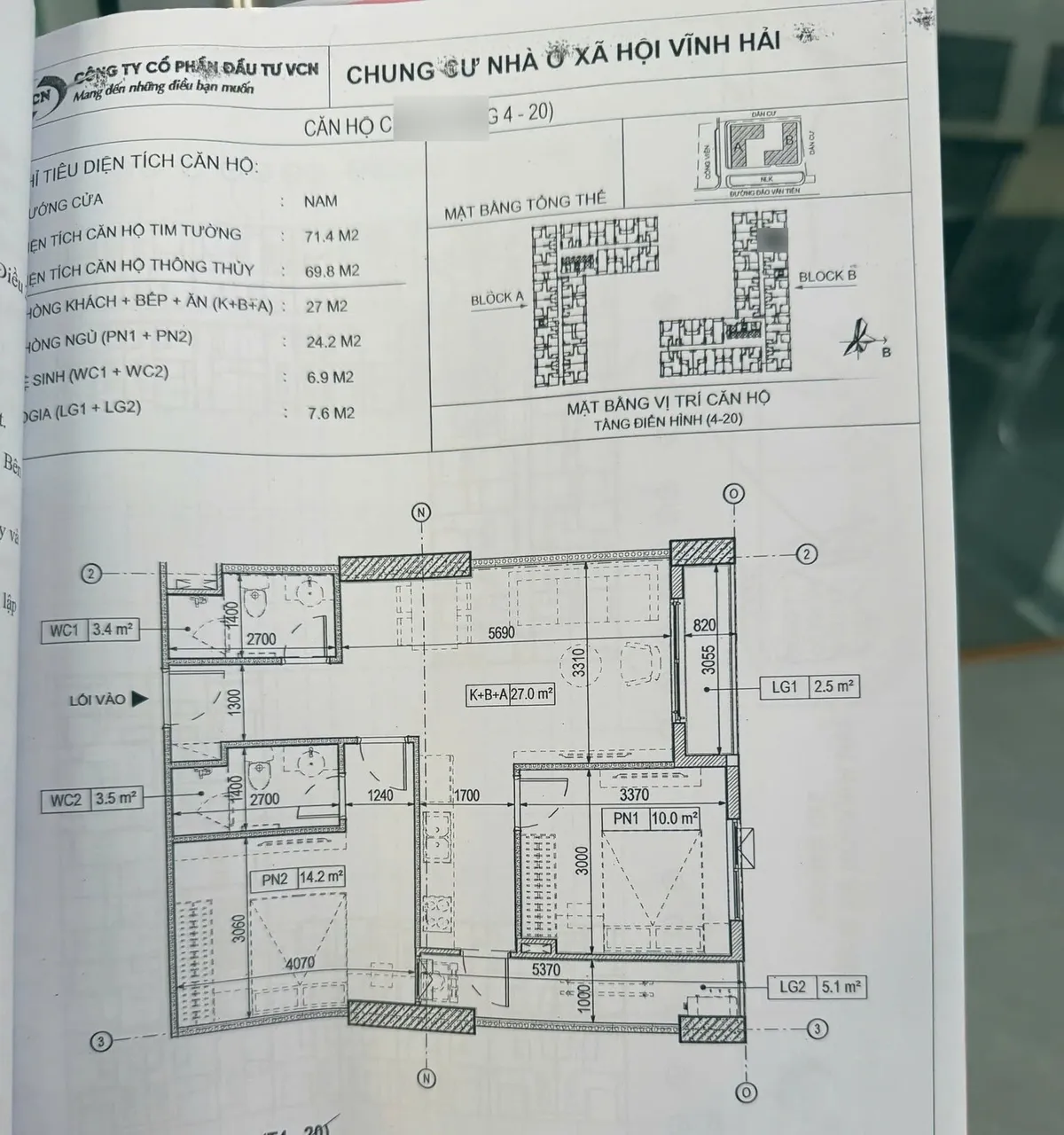 Bản vẽ mặt bằng căn 2 phòng ngủ Block B dự án VCN Vĩnh Hải