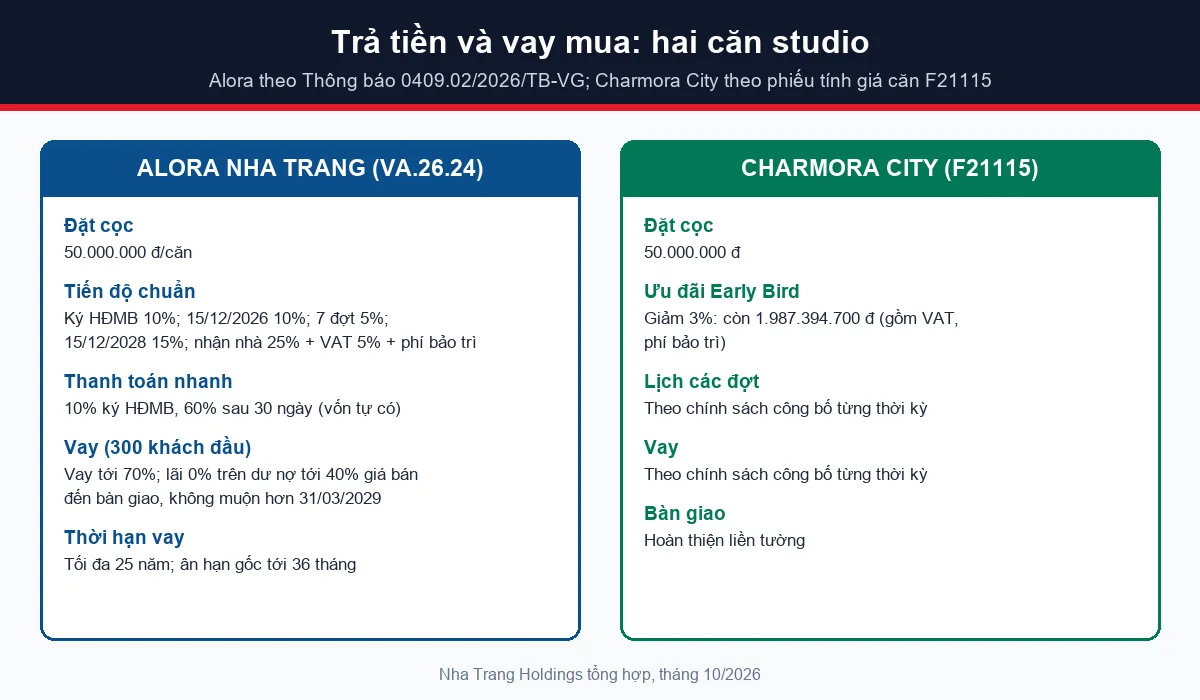 So sánh Alora Nha Trang và Charmora City về đặt cọc, tiến độ thanh toán và vay