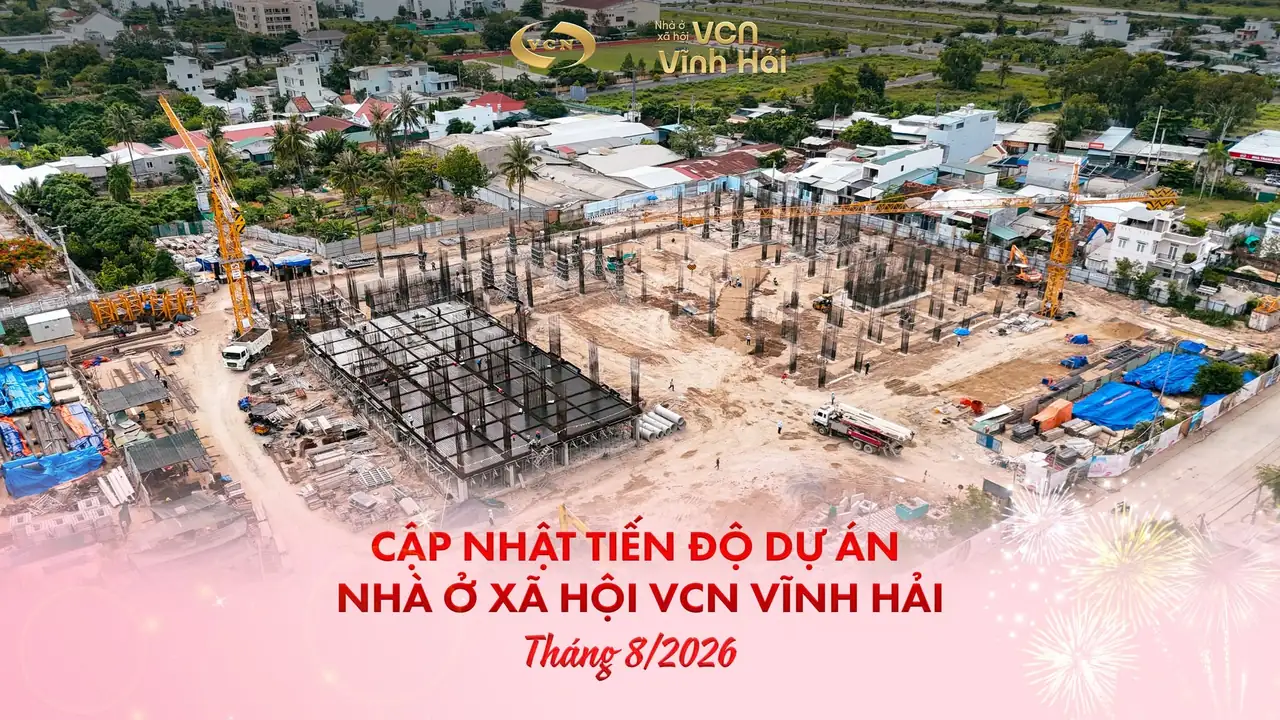 Ảnh flycam tiến độ nhà ở xã hội VCN Vĩnh Hải tháng 8/2026 toàn cảnh hai block