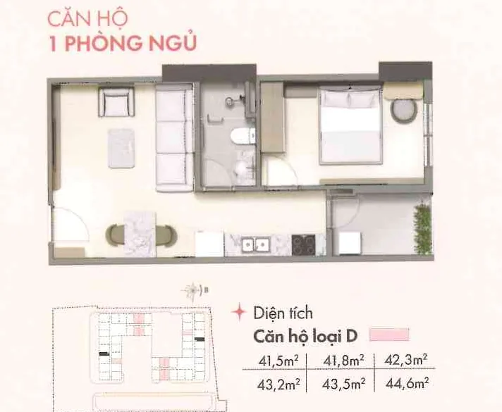 Bản vẽ mẫu căn hộ 1 phòng ngủ loại D trên mặt bằng nhà ở xã hội VCN Vĩnh Hải