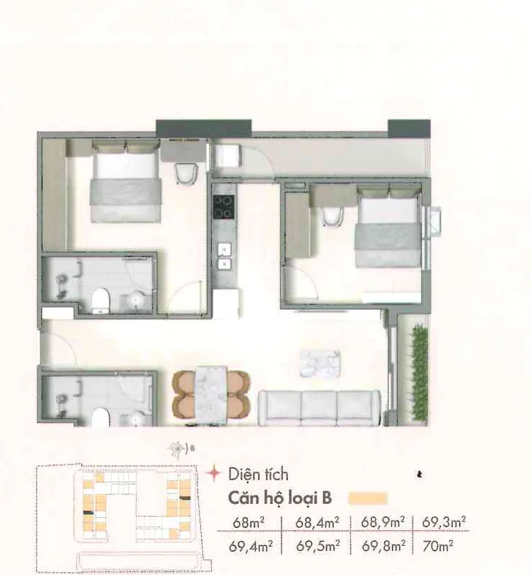 Bản vẽ mẫu căn hộ 2 phòng ngủ thường loại B trên mặt bằng nhà ở xã hội VCN Vĩnh Hải