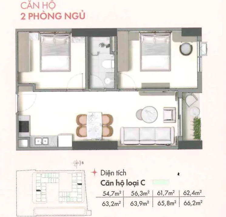 Bản vẽ mẫu thiết kế căn hộ 2 phòng ngủ loại C diện tích 54,7 đến 66,2 m2