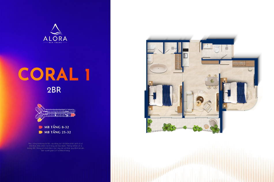 Mặt bằng Coral 2 Phòng ngủ Alora Nha Trang