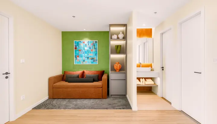 Nhà mẫu căn 1 phòng ngủ – phòng đa năng với sofa