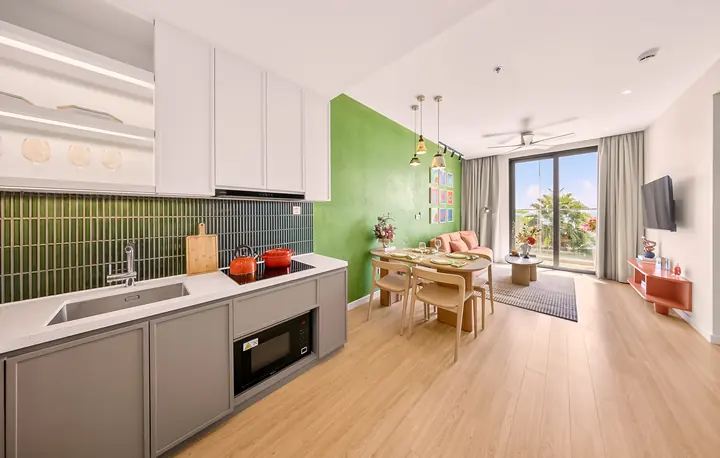 Nhà mẫu căn 1 phòng ngủ Charmora City – khu bếp