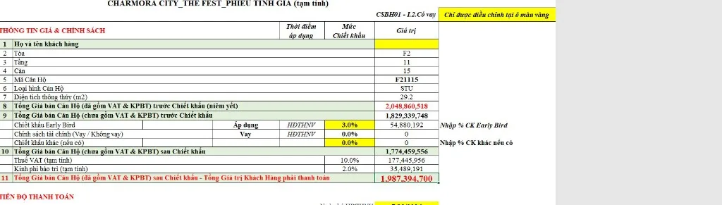 Phiếu tính giá dòng tiền và tiến độ thanh toán vay mua Charmora City